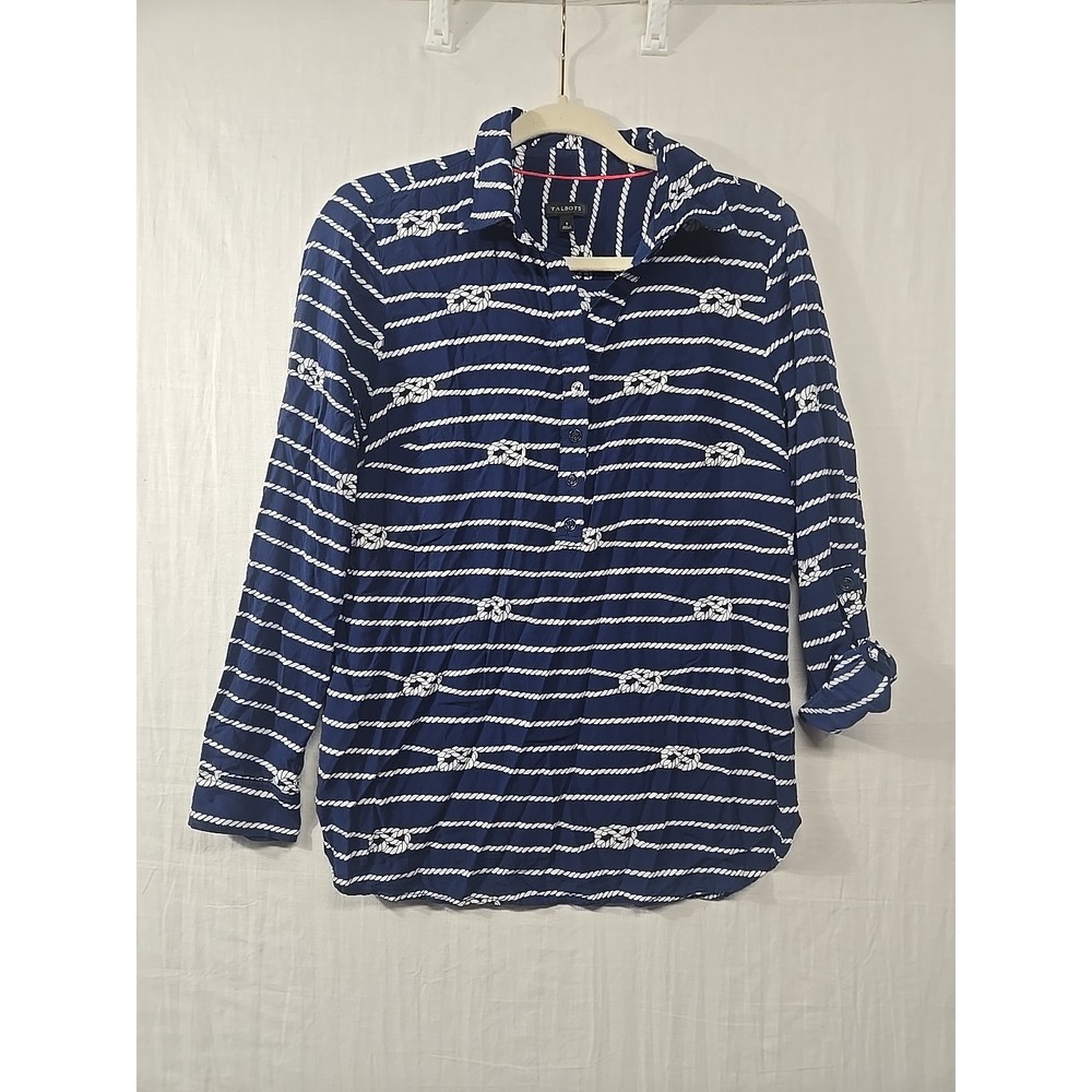 Talbots Women's S Blue Nautical Knots Long Roll Tab Sleeves 1/2 Button Up Rayon